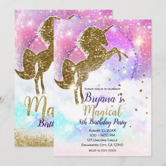 Cosmic Galaxy Gold Glitter Eenhoorn Magische Parti Kaart (Voorkant / Achterkant)