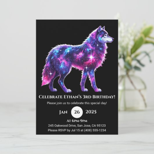Cosmic Galaxy Wolf Poster Verjaardagsuitnodiging Kaart (Staand voorkant)
