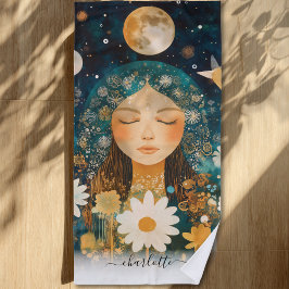 Cosmic Girl Boho Moon & Daisy Illustration Custom Strandlaken