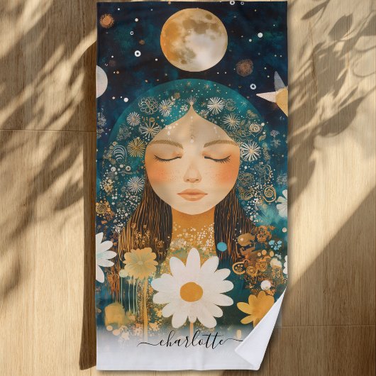 Cosmic Girl Boho Moon & Daisy Illustration Custom Strandlaken