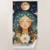 Cosmic Girl Boho Moon & Daisy Illustration Custom Strandlaken (Voorkant)