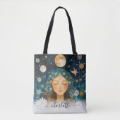 Cosmic Girl Boho Moon & Daisy Illustration Custom Tote Bag (Voorkant)