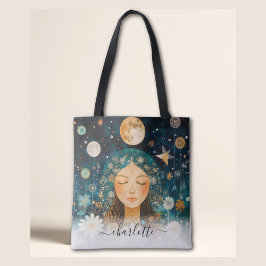 Cosmic Girl Boho Moon & Daisy Illustration Custom Tote Bag