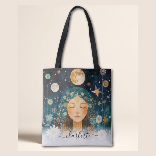 Cosmic Girl Boho Moon & Daisy Illustration Custom Tote Bag