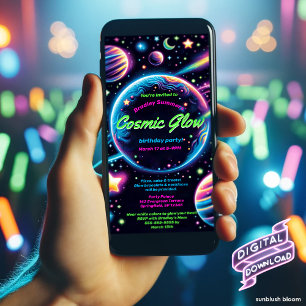 Cosmic Glow Verjaardagsfeest Uitnodiging