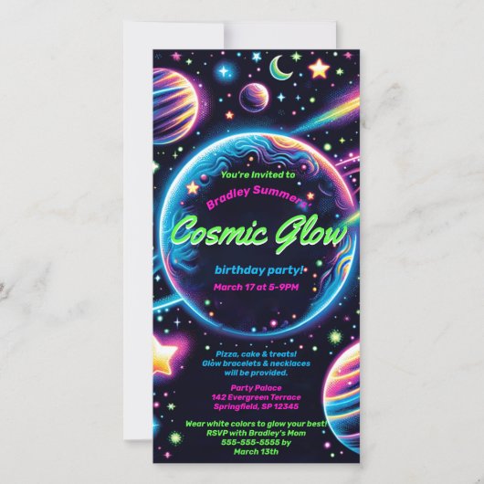 Cosmic Glow verjaardagsfeestje digitale uitnodigin Save The Date (Voorkant)