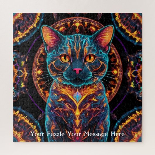 Cosmic Guardian Cat – Neon Galaxy Mandala Legpuzzel (Verticaal)