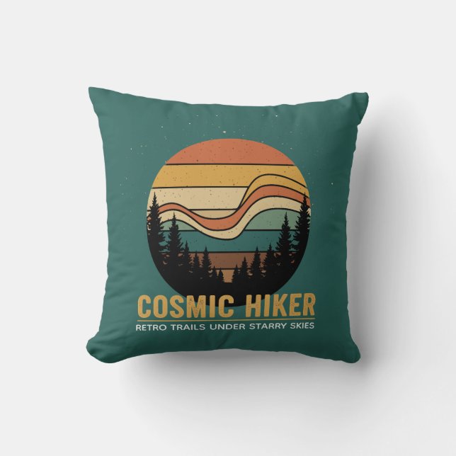Cosmic Hiker Retro 70s Sunset Space Forest Stars Kussen (Voorkant)