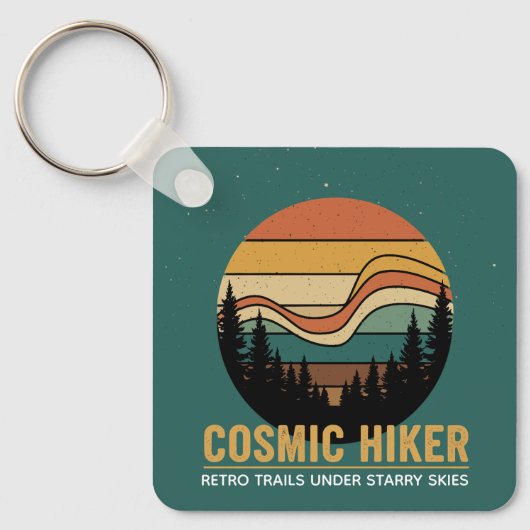 Cosmic Hiker Retro 70s Sunset Space Forest Stars Sleutelhanger (Voorkant)