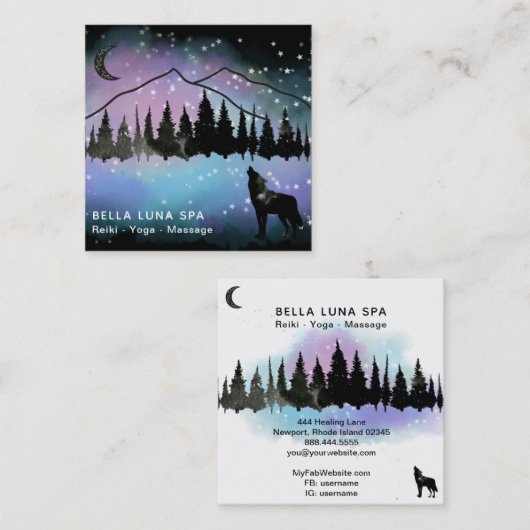*~* Cosmic Howling Wolf Rainbow - Mountain Shaman  Vierkante Visitekaartje (Voorkant / Achterkant)
