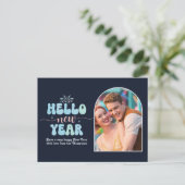 Cosmic Ice New Year Retro Modern Blue Photo Feestdagenkaart (Staand voorkant)