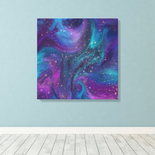 Cosmic Ink | Turquoise Blue Paars Galaxy Nebula Canvas Afdruk (Insitu (Houten vloer))