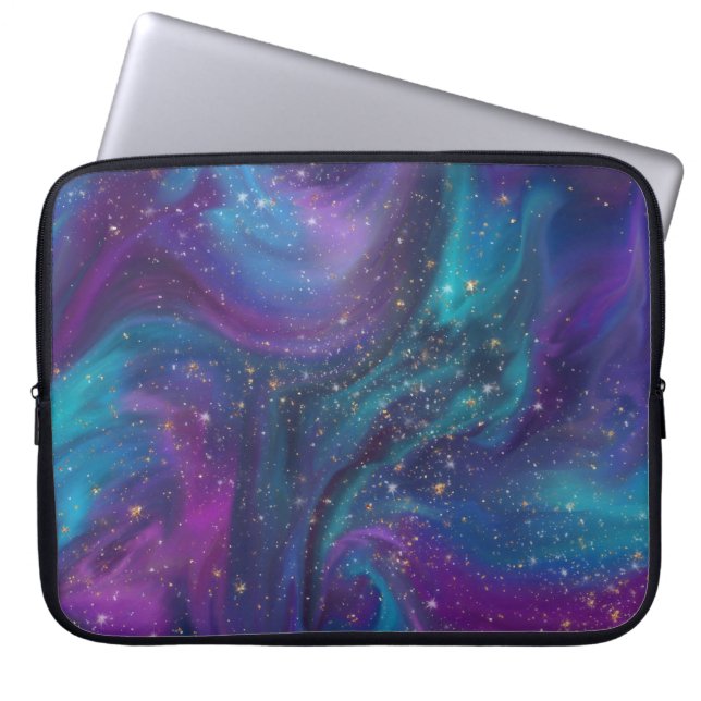 Cosmic Ink | Turquoise Blue Paars Galaxy Nebula Laptop Sleeve (Voorkant)