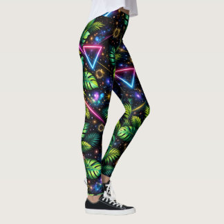 Cosmic Jungle Neon Galaxy Tropical Activewear Leggings