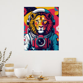 Cosmic Lion – Astronaut Helmet Poster | Bold Space