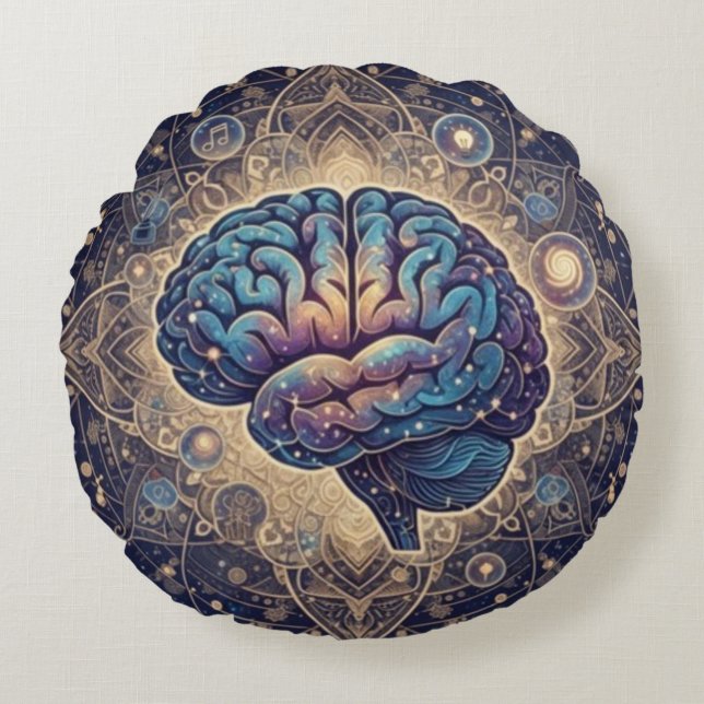 Cosmic Mind Mandala – Abstract Brain Art Rond Kussen (Voorkant)