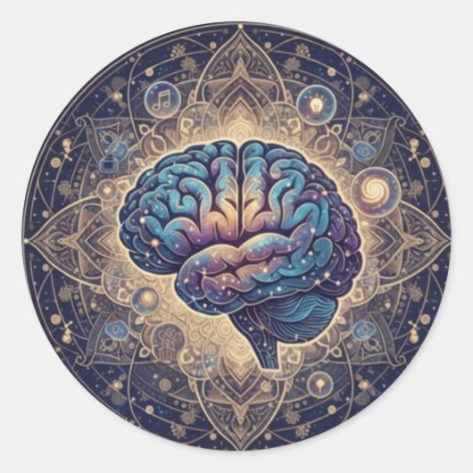Cosmic Mind Mandala – Abstract Brain Art Ronde Sticker (Voorkant)