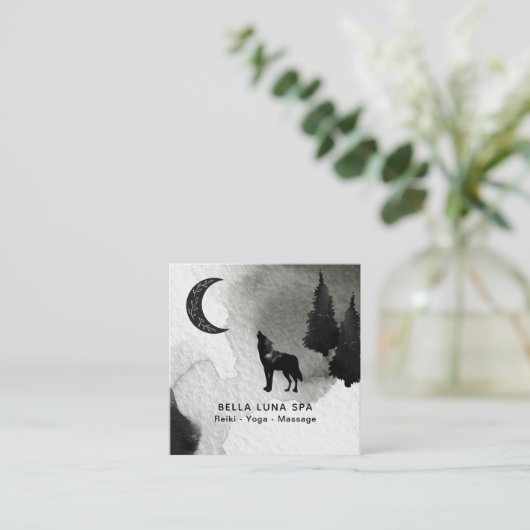 *~* Cosmic Moon Howling Wolf Lunar Pine Trees Vierkante Visitekaartje (Staand voorkant)