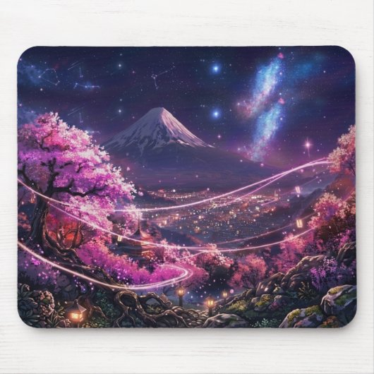 Cosmic Mount Fuji & Sakura Night Mouse Pad - Anime Muismat (Voorkant)