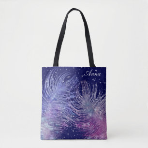 *~* Cosmic Mystical Celestial Feathers Night Blue Tote Bag