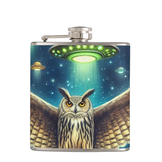 Cosmic Owl Nightscape - UFO's in de lucht Heupfles (Voorkant)
