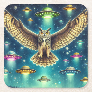 Cosmic Owl Nightscape - UFO's in de lucht Kartonnen Onderzetters
