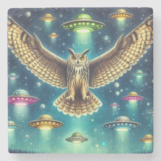 Cosmic Owl Nightscape - UFO's in de lucht Stenen Onderzetter (Voorkant)