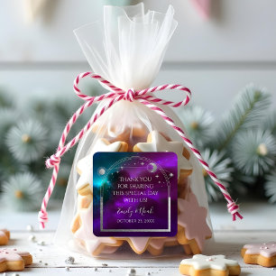 Cosmic Paars Teal Zilver Zon Maan Bruiloft Vierkante Sticker