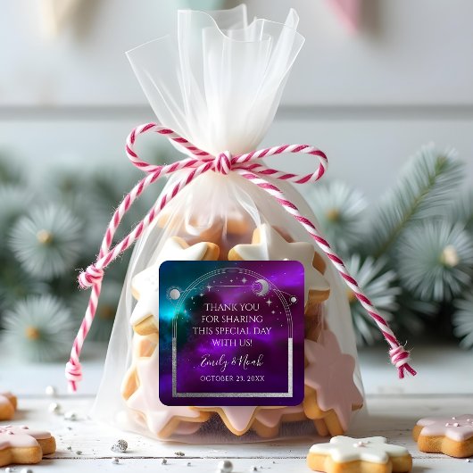 Cosmic Paars Teal Zilver Zon Maan Bruiloft Vierkante Sticker