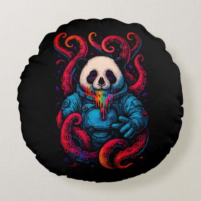 Cosmic Panda Kraken Rond Kussen (Voorkant)