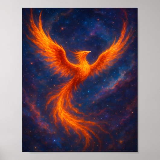 Cosmic Phoenix Rising Fire Bird in Nebula Fantasy Poster (Voorkant)