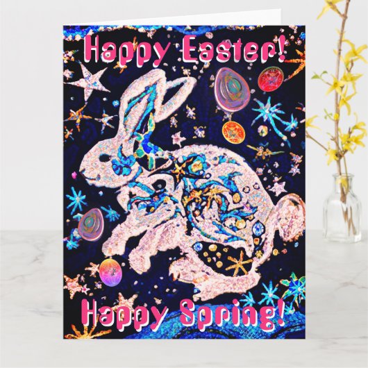 Cosmic Rabbit in Sky met sterren en eieren Kaart (Gele Bloem)