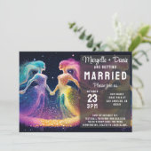 Cosmic Rainbow Lovers LGBTQIA Lesbische Huwelijk Kaart (Staand voorkant)