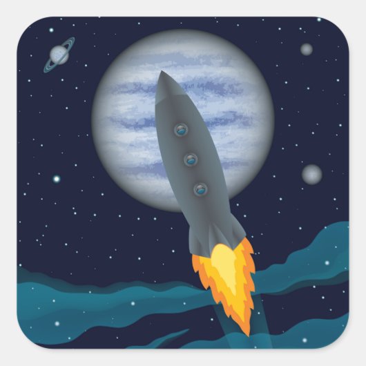 Cosmic Rocketship Scene Vierkante Sticker (Voorkant)