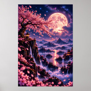 Cosmic Sakura: Maanverlichte Bloesems Fantasie Rui Poster