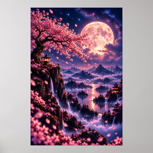 Cosmic Sakura: Violet Nebula Hemelse Fantasie Kuns Poster (Voorkant)