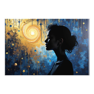Cosmic Silhouette - Vrouw in een Gouden Draaikolk Foto Afdruk