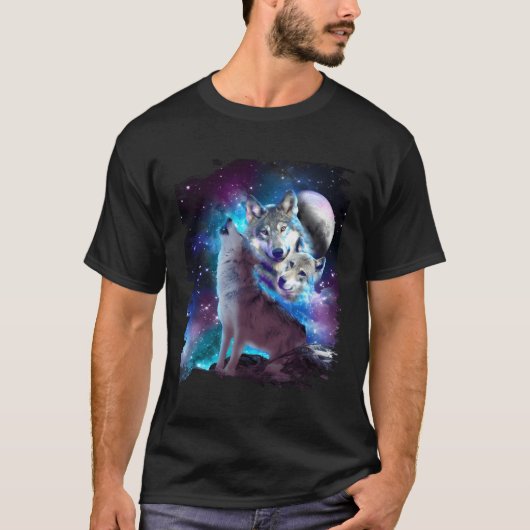 Cosmic Space Wolves Family Howling bij Moon T-shirt (Voorkant)