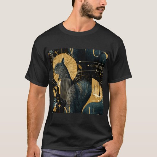 Cosmic Squirrels – Black & Gold Art Deco Pattern T-shirt (Voorkant)