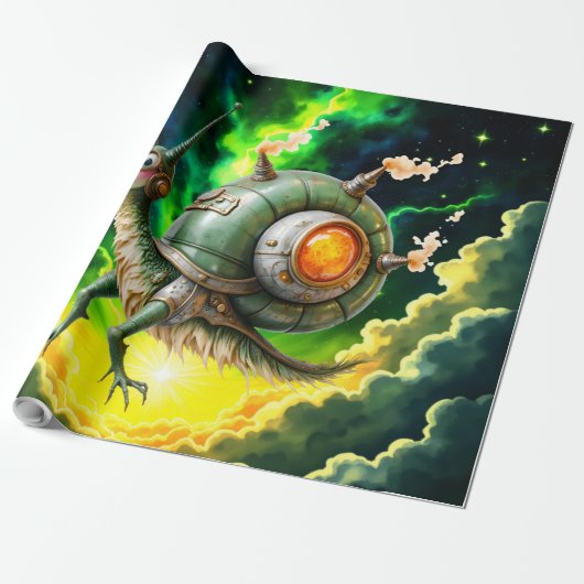 Cosmic Steampunk Slakkenvogel – Neon Droom Schepse Cadeaupapier (Uitgerold)