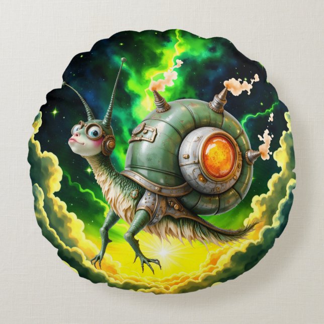 Cosmic Steampunk Slakkenvogel – Neon Droom Schepse Rond Kussen (Voorkant)