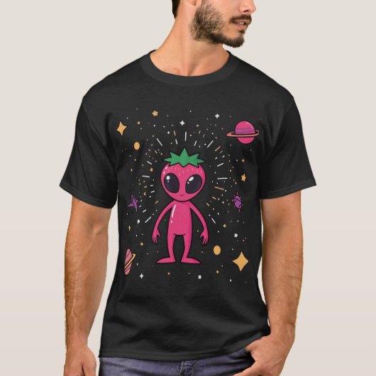 Cosmic Strawberry Alien – Cute Sci-Fi Fruit T-shirt (Voorkant)