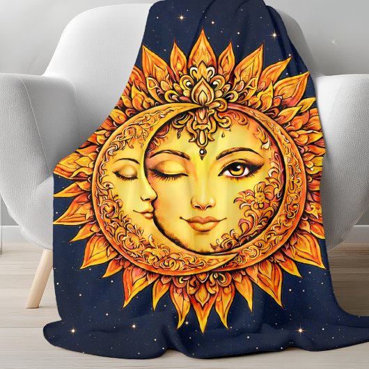Cosmic Sun Moon Boho Goddess Celestial Mandala Art Fleece Deken