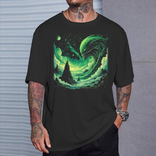Cosmic Wave T-Shirt: Glowing Green alien Art T-shirt