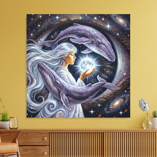 Cosmic Whale and the Girl – Spiritual Surreal Fant Canvas Afdruk (Insitu (Woonkamer))