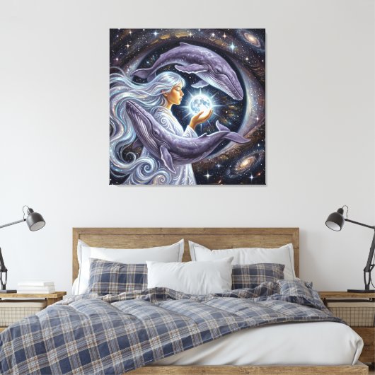 Cosmic Whale and the Girl – Spiritual Surreal Fant Canvas Afdruk (Insitu (Slaapkamer))