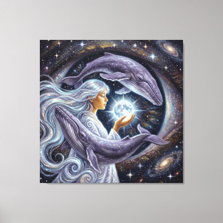 Cosmic Whale and the Girl – Spiritual Surreal Fant Canvas Afdruk