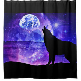 Cosmic Wolf - Moon Shower Curtain Paars en Black Douchegordijn