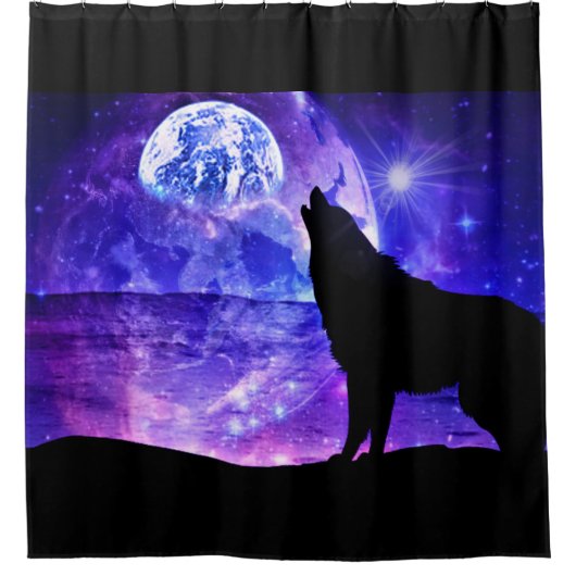 Cosmic Wolf - Moon Shower Curtain Paars en Black Douchegordijn (Voorkant)