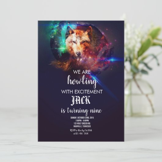 Cosmic Wolf | Uitnodiging voor verjaardagsfeestje (Staand voorkant)